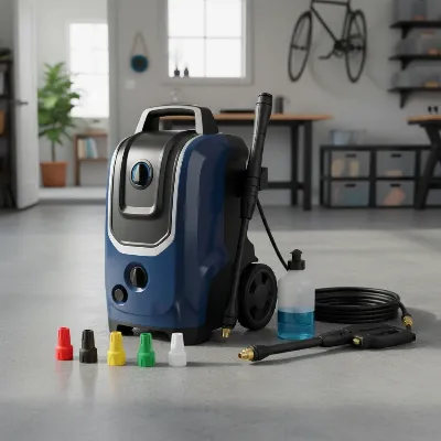 A compact electric pressure washer with various nozzles laid out, demonstrating its versatility for small home tasks