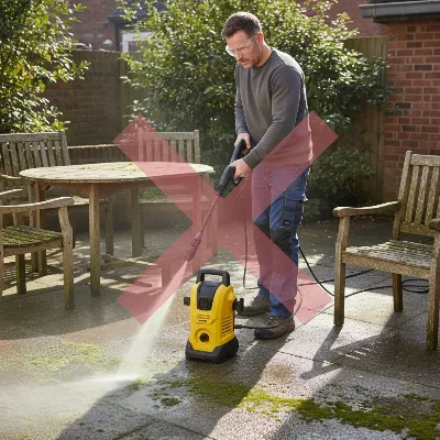 A vibrant electric pressure washer cleaning a patio with a subtle caution overlay, emphasizing DIY use considerations