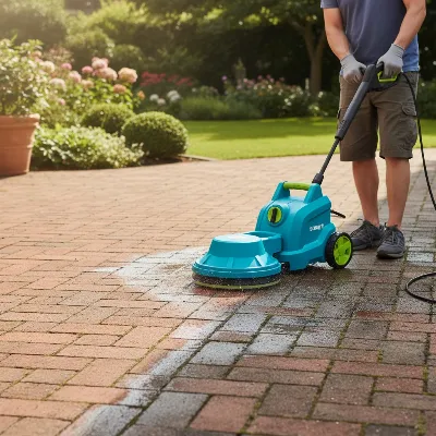 An electric pressure washer with a surface cleaner attachment cleaning a residential patio, with a clear contrast between clean and dirty areas.