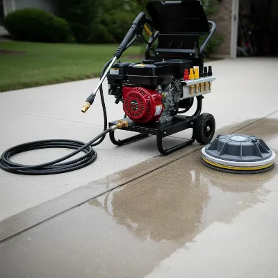 A gas pressure washer with various accessories like a surface cleaner, different nozzles, and a long hose, set up on a clean driveway.