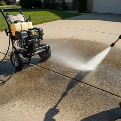 A powerful gas pressure washer in action, cleaning a dirty concrete driveway with a wide spray pattern.