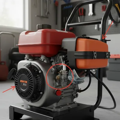 Gas Pressure Washer Engine with highlighted spark plug and air filter for easy identification