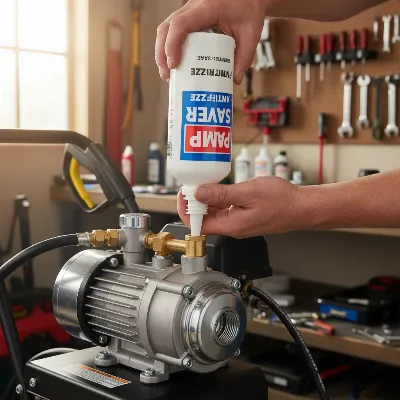 Man applying pump saver to a gas pressure washer pump inlet, close-up shot, in a garage setting with good lighting, realistic style