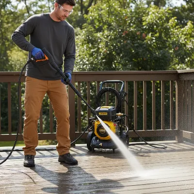 A person operating a Generac 3100 PSI pressure washer to clean a wooden deck, demonstrating ease of use and effective cleaning.