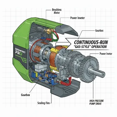 Greenworks Pro 3000 PSI showcasing its brushless motor and continuous operation