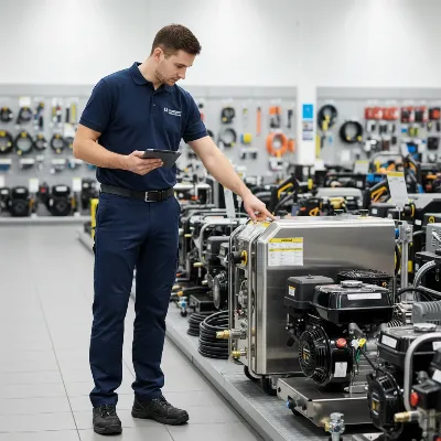 A professional selecting a heavy-duty commercial pressure washer from a range of models in a store, focusing on specifications.