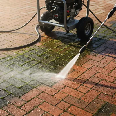 A powerful heavy-duty pressure washer cleaning a dirty brick patio, showing a clear contrast between cleaned and uncleaned sections. Warm morning light.