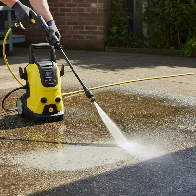 Karcher K5 Premium Smart Control cleaning a patio with its multi-jet lance, showing powerful water stream removing dirt.