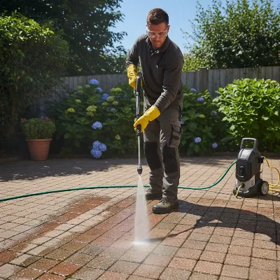 A person safely pressure washing a brick patio, wearing protective goggles, gloves, and sturdy shoes, maintaining proper distance.