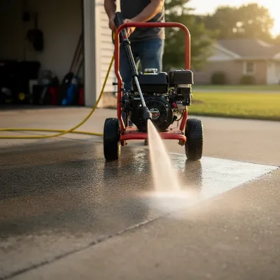 Powerful gas pressure washer cleaning a stained concrete driveway with high force.