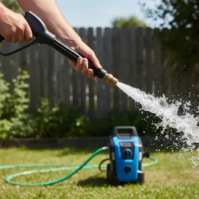 Person bleeding air from a pressure washer by running water through it without a nozzle.
