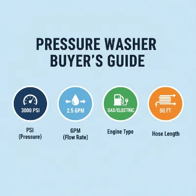 Key factors to consider when buying a pressure washer including PSI, GPM, engine type, and hose length.
