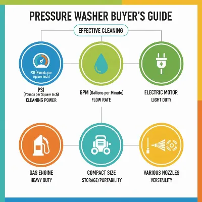 An infographic illustrating key factors for buying a pressure washer: PSI, GPM, engine type, size, and features