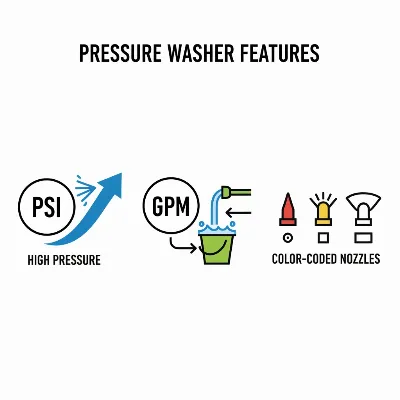 An infographic-style image highlighting key features of compact pressure washers like PSI, GPM, and nozzle types