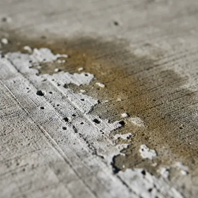 Close-up of concrete damaged by improper pressure washer use while attempting to remove an oil stain, showing etching and pitting.