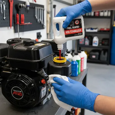 A bottle of fuel stabilizer being poured into a pressure washer fuel tank for preventative maintenance.
