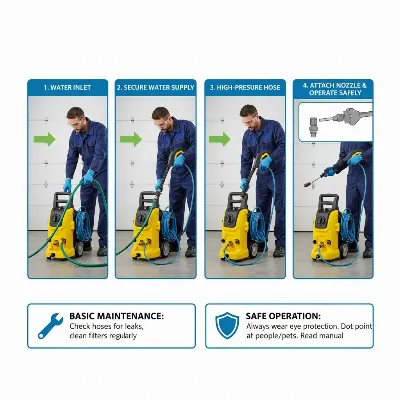 Person safely operating and maintaining a pressure washer