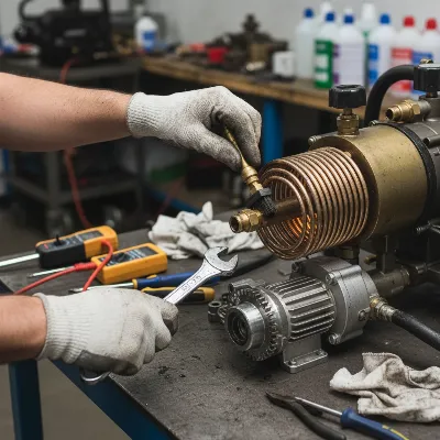 A person performing maintenance on a hot water pressure washer, checking the burner or pump