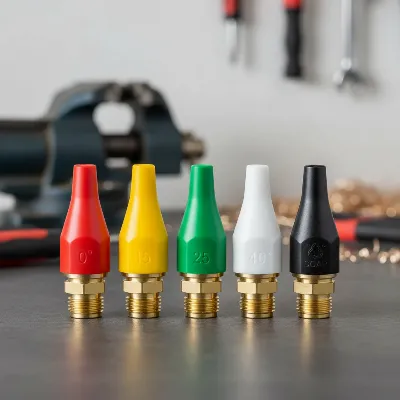 Different pressure washer nozzles with color codes and their recommended uses for various surfaces.