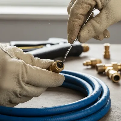 A close-up of hands replacing a worn O-ring on a pressure washer fitting