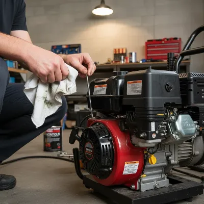 A person checking the oil level of a gas-powered pressure washer engine as part of routine maintenance.