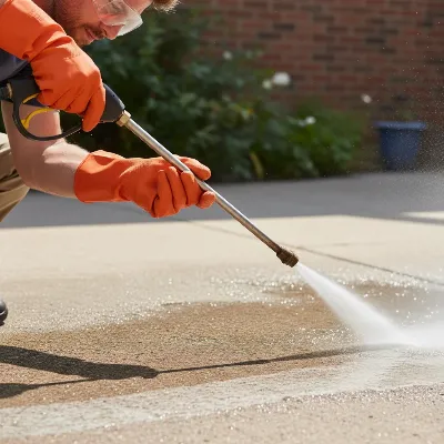 Person wearing safety goggles and gloves operating a gas pressure washer safely.