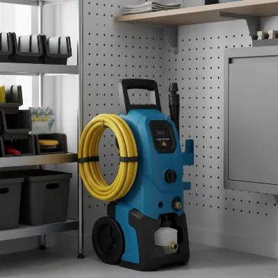 A compact pressure washer stored neatly in a small garage or utility closet, emphasizing its space-saving design