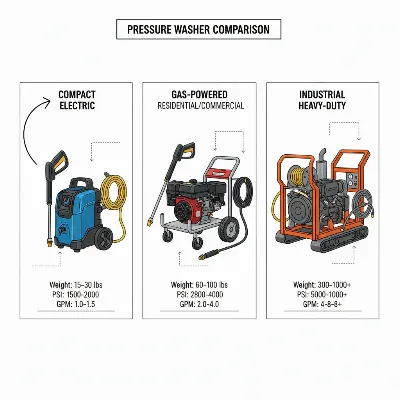 Various types of pressure washers: electric, gas, and industrial models contrasted