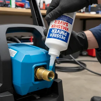 Applying pump saver solution to a pressure washer pump inlet, a key step for winterization.