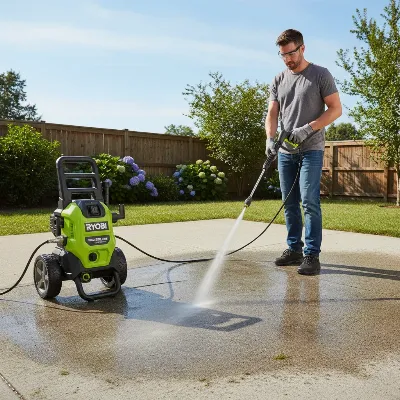 Ryobi 40V Brushless Whisper Series pressure washer cleaning a large patio.