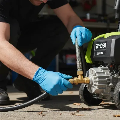 Person in safety gear inspecting a Ryobi pressure washer connections before use, emphasizing safety.