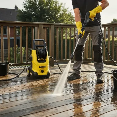 Person wearing safety goggles and gloves operating a Karcher K5 Premium, demonstrating safe pressure washing practices on a deck.