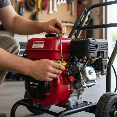 A person checking the oil level on a Simpson MegaShot pressure washer engine