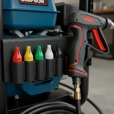 Close-up of quick-connect nozzles and ergonomic spray gun for Simpson MegaShot