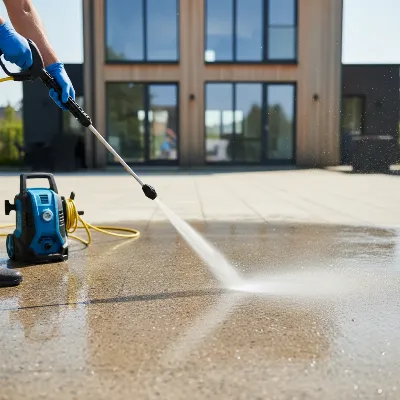 A person safely using a compact pressure washer to clean a small patio area outside a modern small home