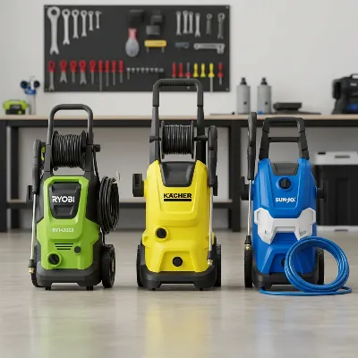 Three top budget pressure washer models (Ryobi, Karcher, Sun Joe) lined up for a side-by-side comparison