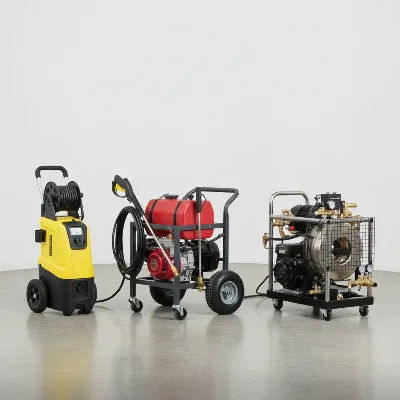 A side-by-side comparison of 3 different hot water pressure washers, highlighting their design differences
