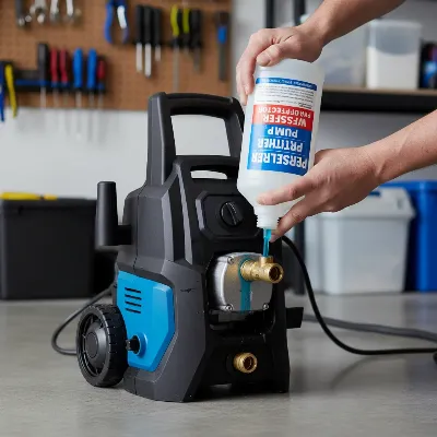 Winterizing a pressure washer with pump protector for seasonal storage in a garage