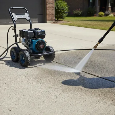 Westinghouse WPX3200 gas pressure washer powerfully cleaning a dirty concrete driveway.